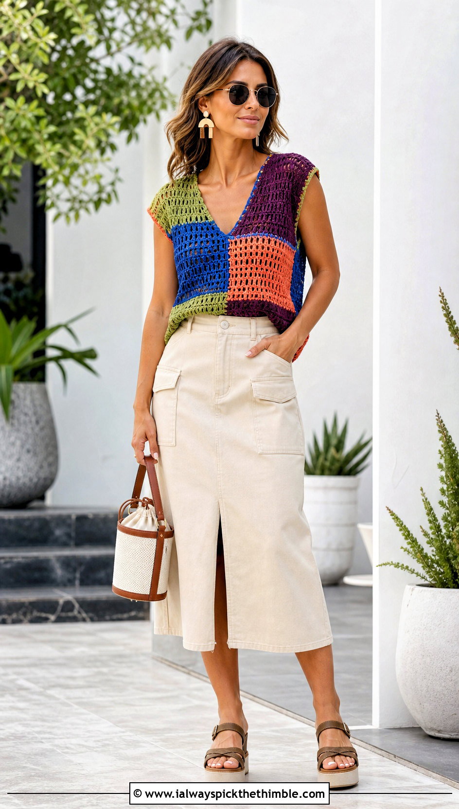 Patchwork Crochet Top With Utility Midi Skirt - 25 crochet tops for summer outfit ideas