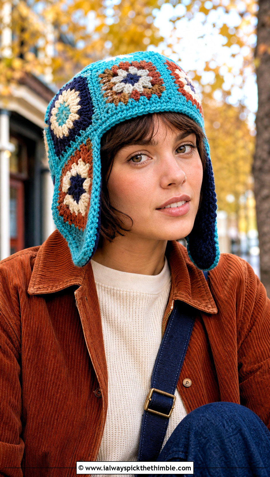 Patchwork Crochet Trapper Hat With Corduroy Jacket - 25 Crochet Trapper Hat outfit ideas