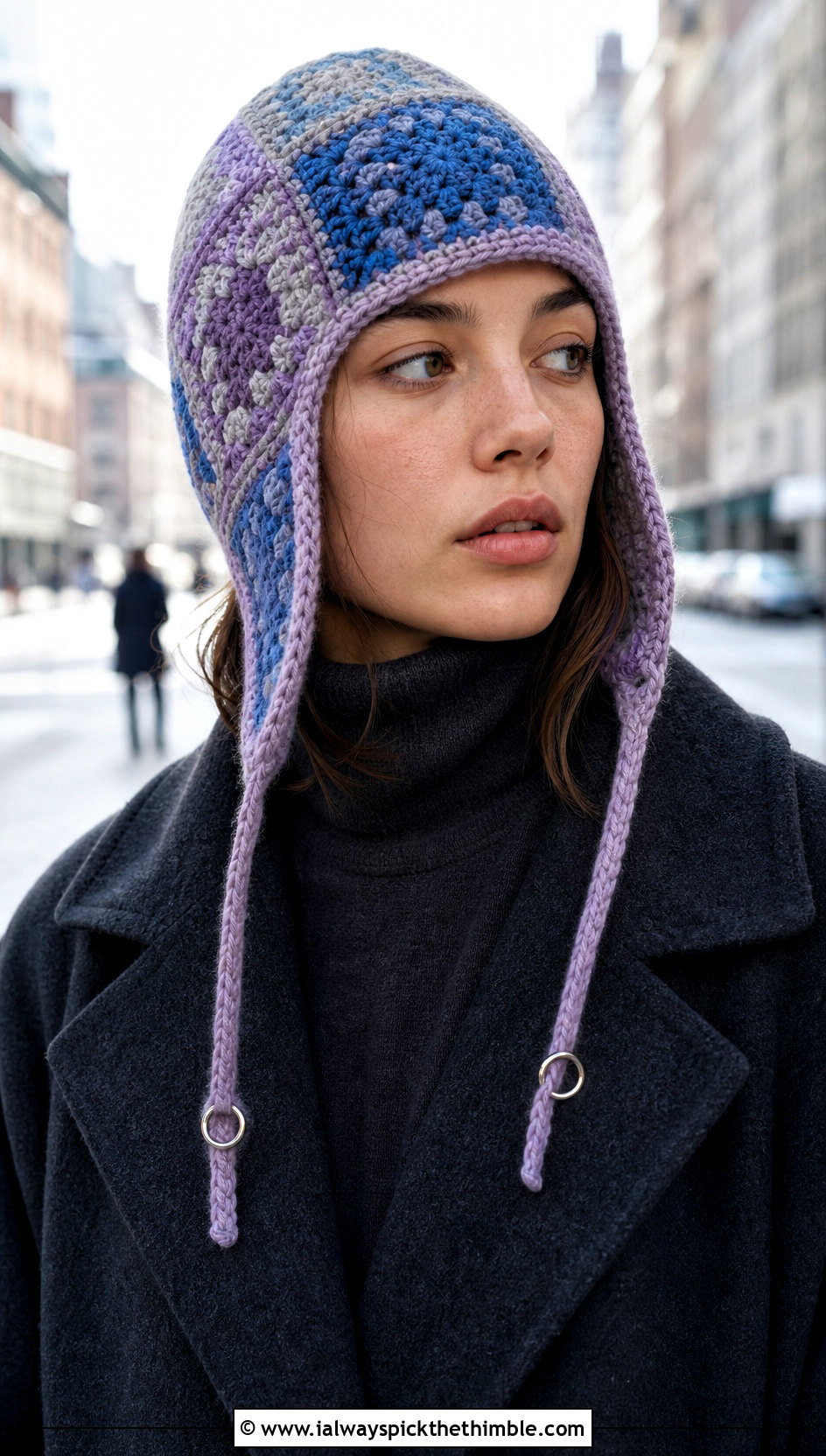 Patchwork Crochet Trapper Hat With Monochrome Outfit - 20 aesthetic crochet hat ideas