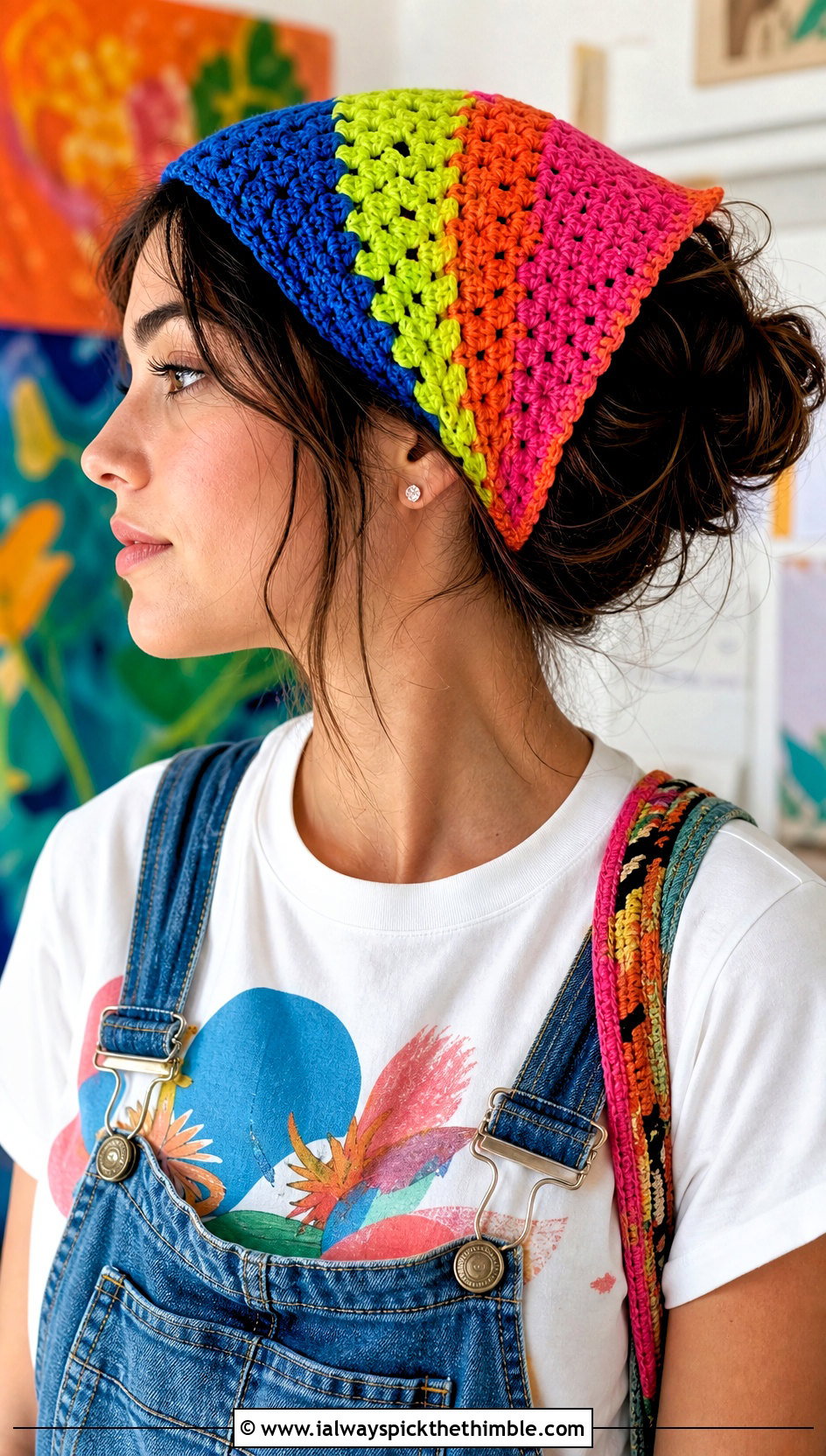Patchwork Crochet Triangle Hair Scarf With Graphic Tee And Overalls - 20 crochet triangle hair scarf outfit ideas