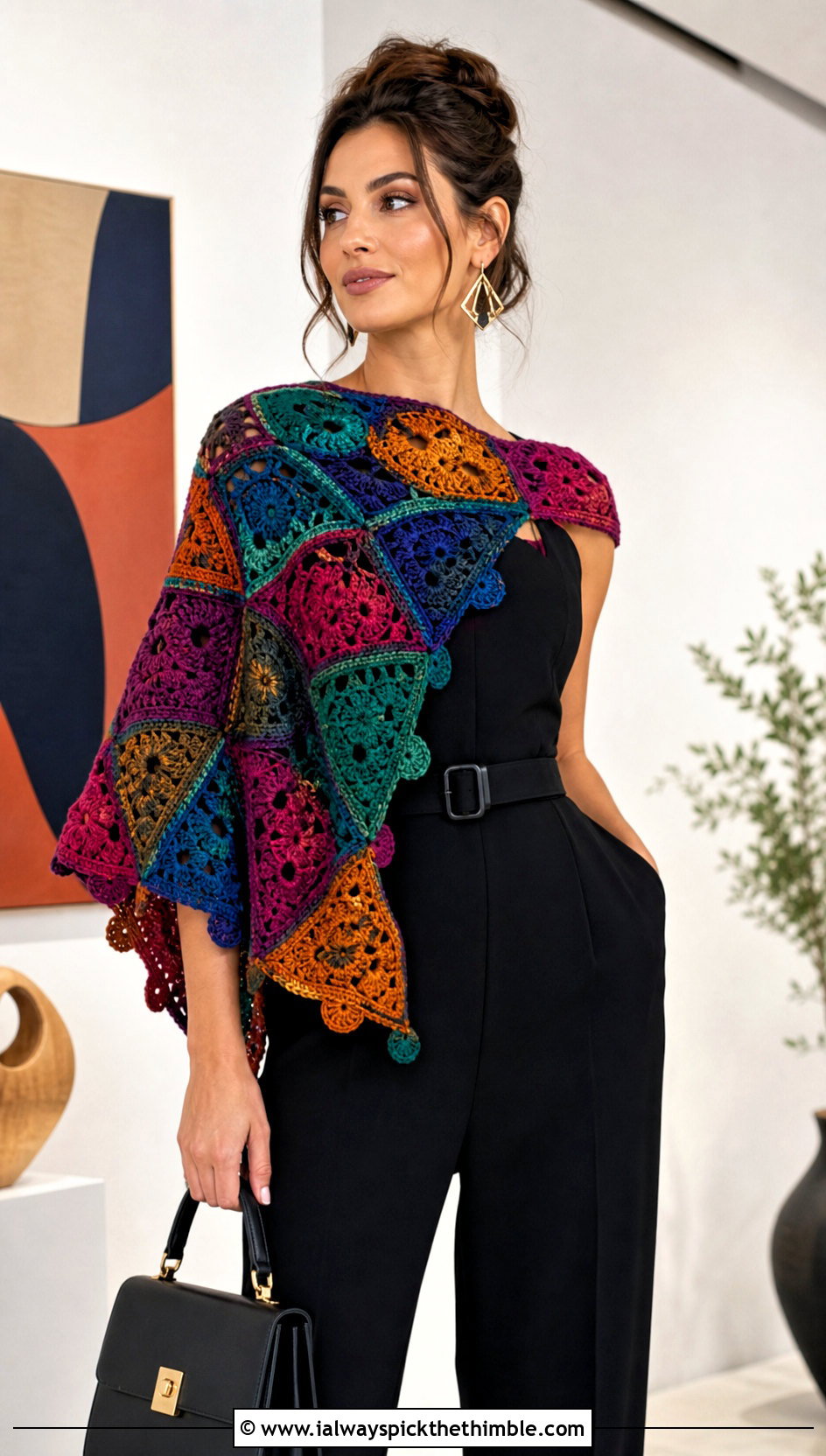 Patchwork Crochet Triangle Shawl With Black Jumpsuit - 25 crochet triangle shawl outfit ideas