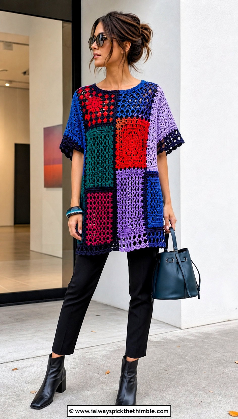 Patchwork Crochet Tunic Top With Slim Trousers - 15 crochet top with intricate outfit ideas