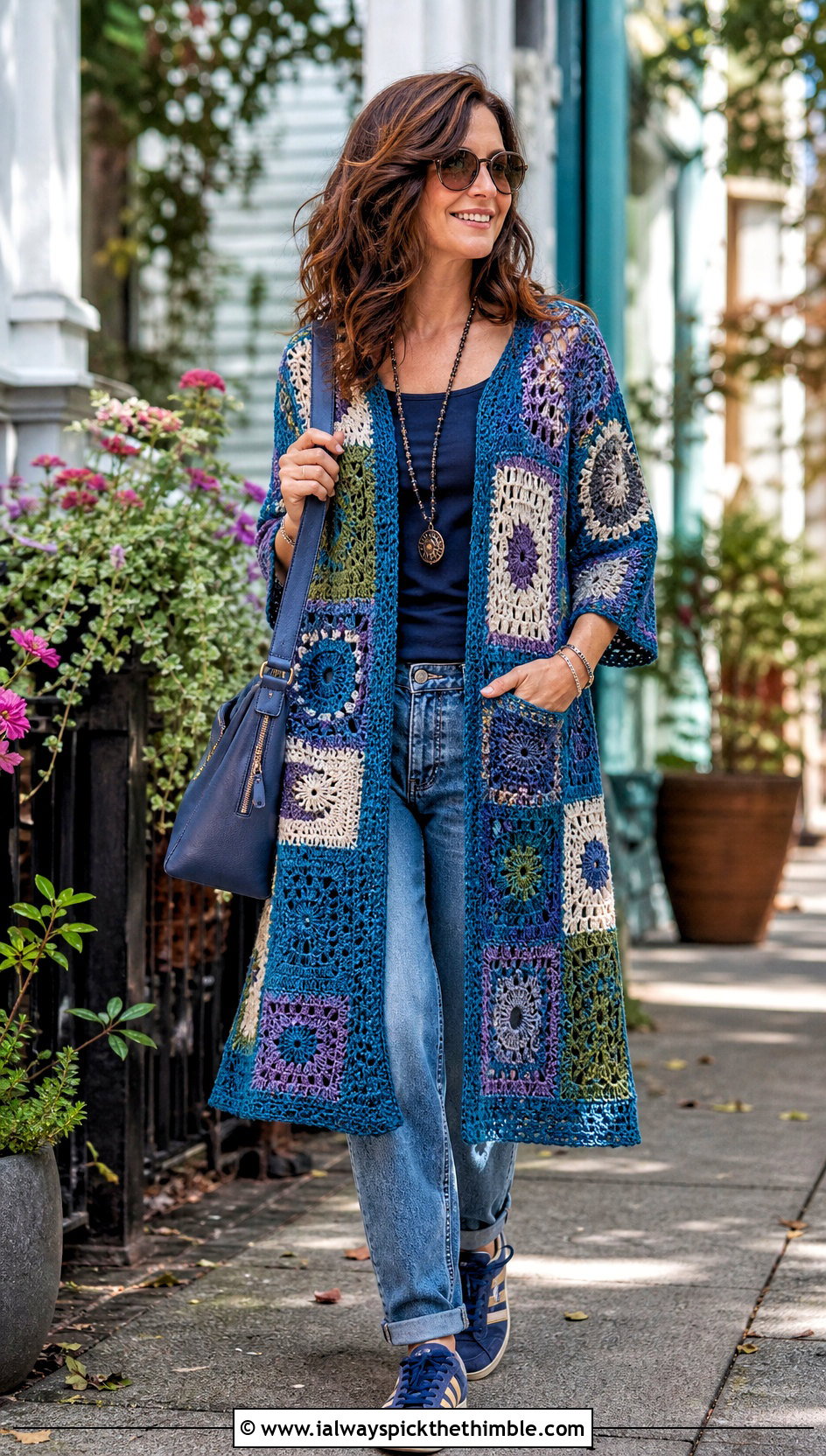 Patchwork Crochet Tunic With Relaxed Jeans - 25 crochet tunic outfit ideas
