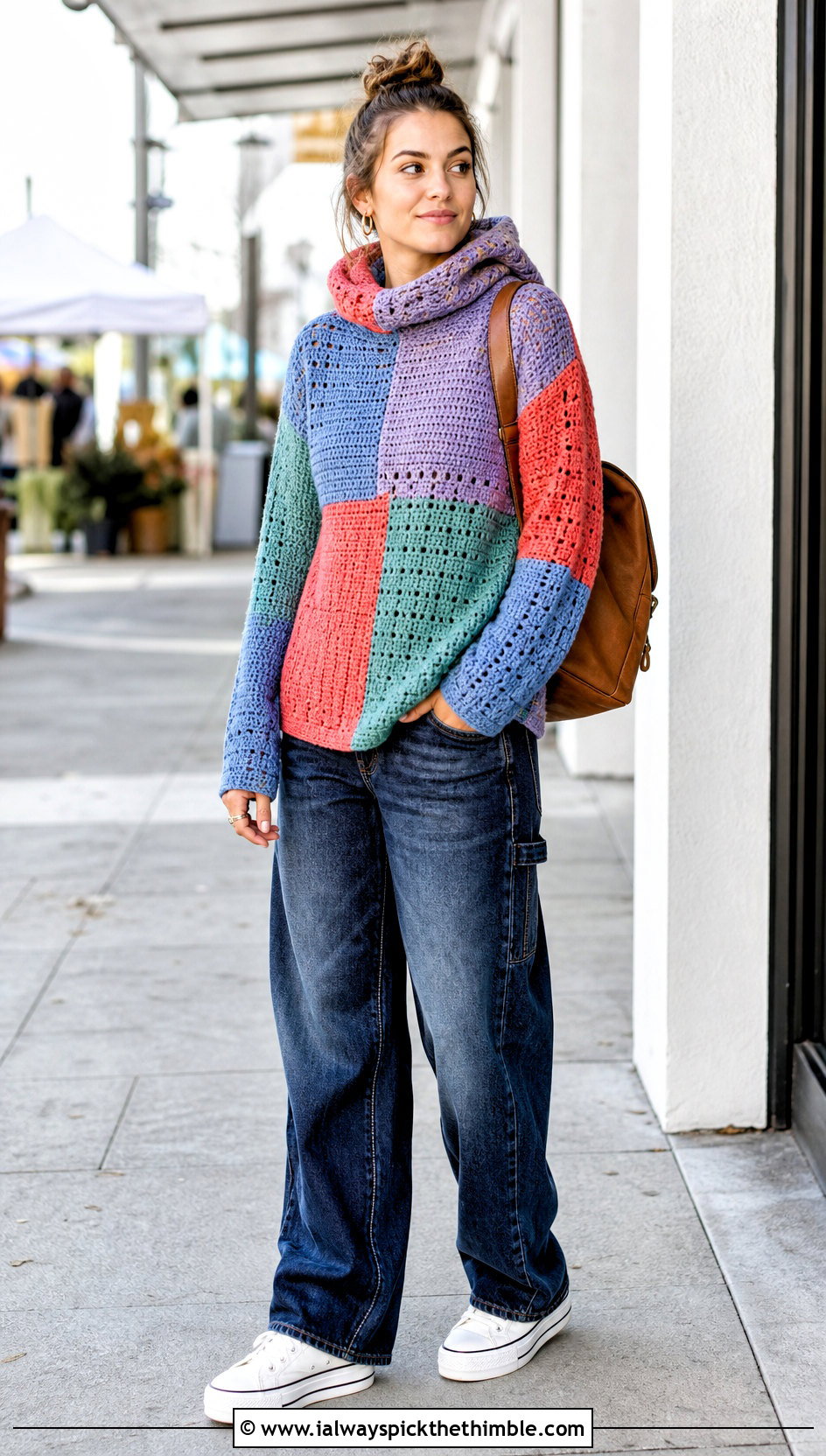 Patchwork Crochet Turtleneck Hoodie With Carpenter Jeans - 20 crochet turtle neck hoodie outfit ideas