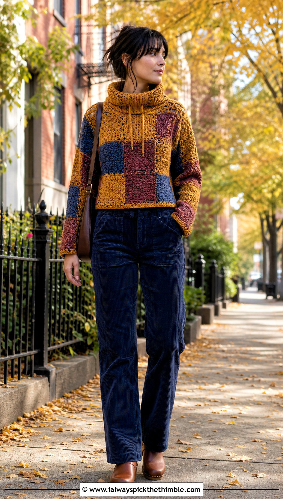Patchwork Crochet Turtleneck Hoodie With Corduroy Pants - 25 crochet turtleneck hoodie outfit ideas