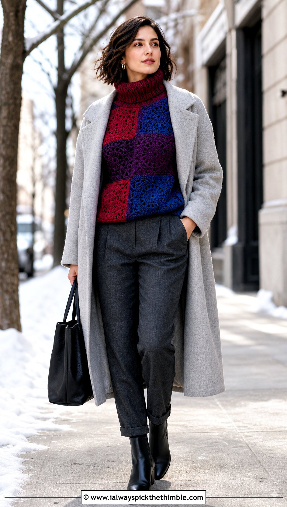 Patchwork Crochet Turtleneck Sweater With Wool Trousers - 25 patchwork crochet sweater outfit ideas
