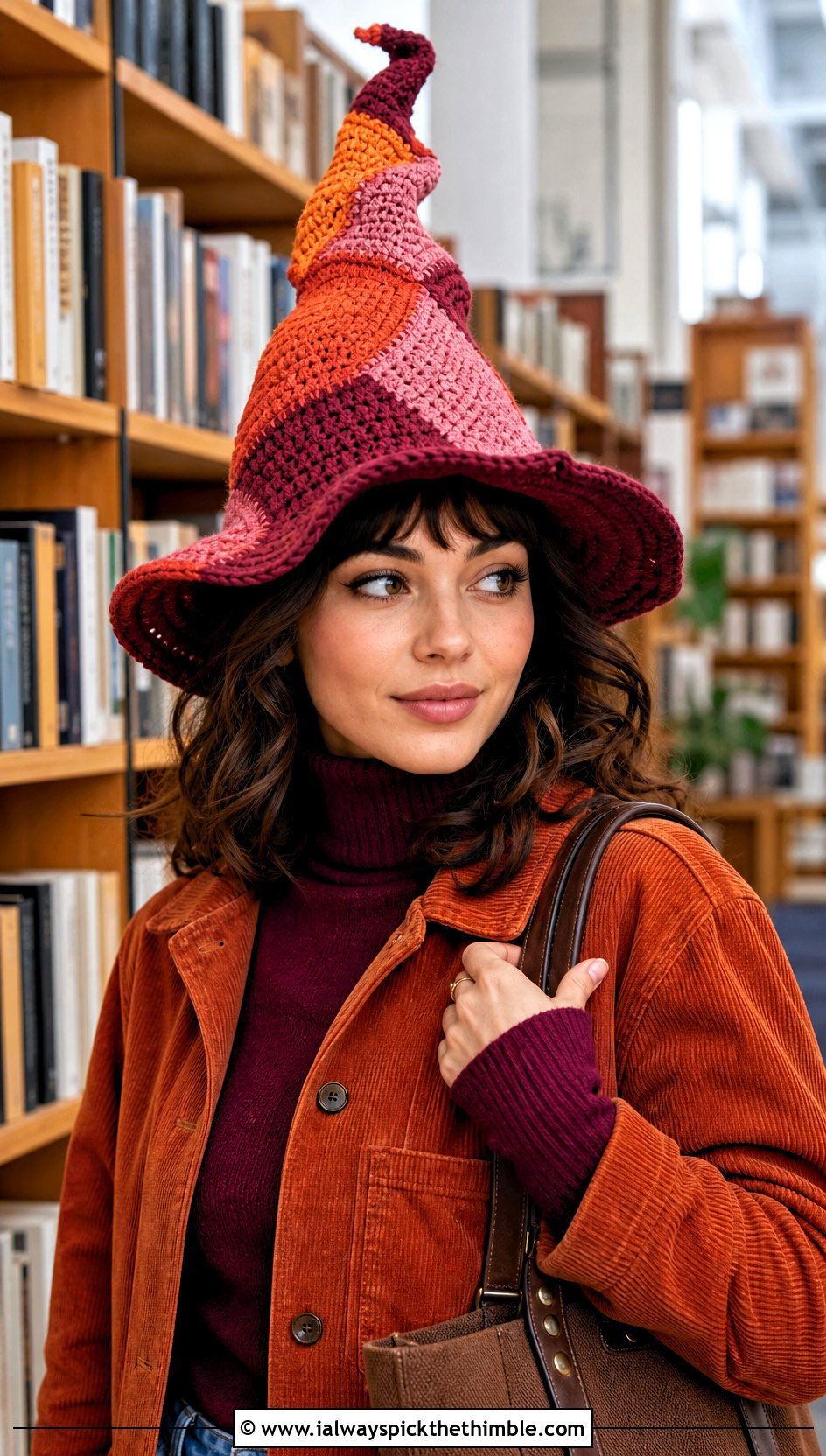 Patchwork Crochet Twisted Witch Hat With Corduroy - 20 crochet twisted witch hat outfit ideas