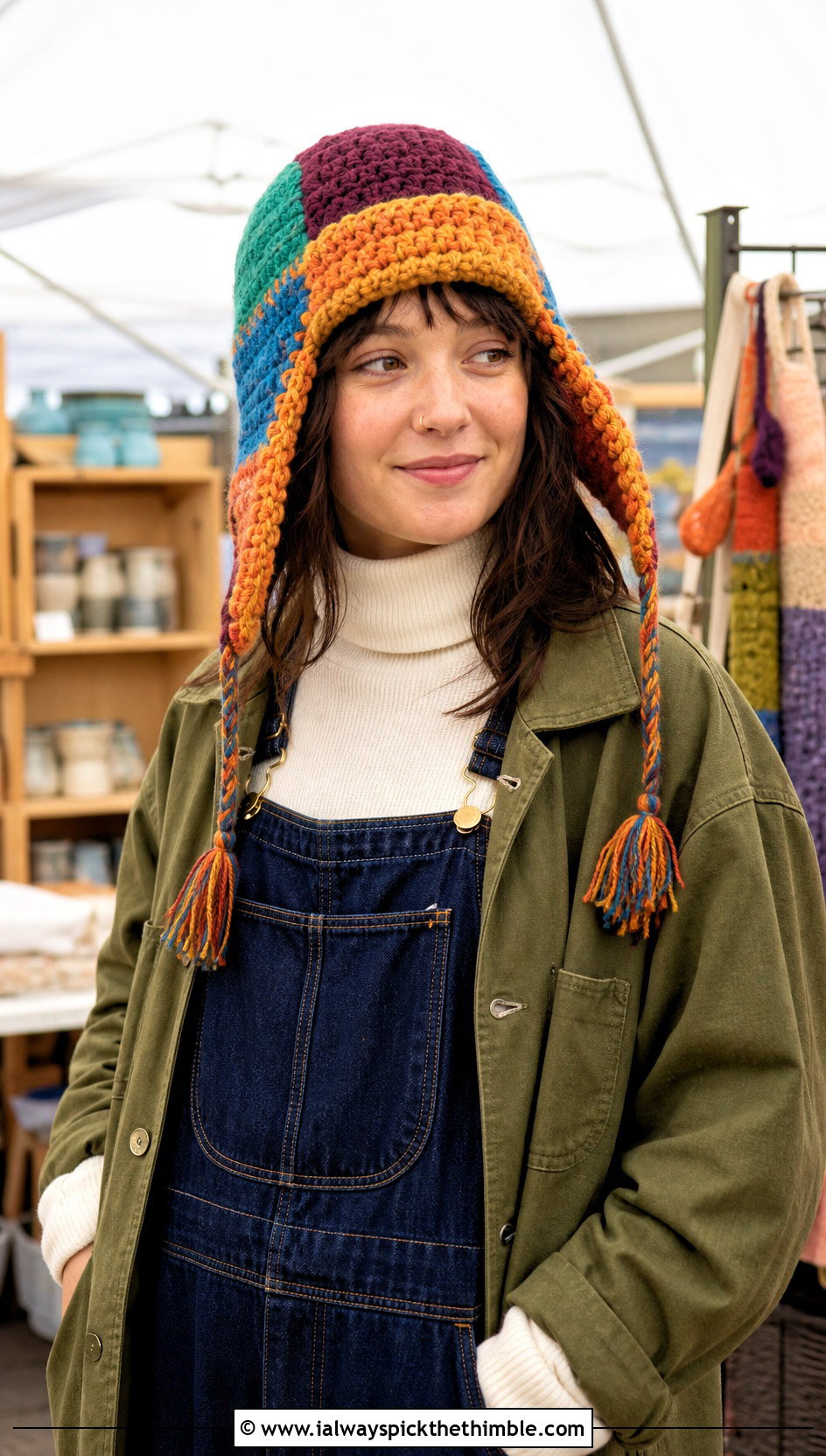 Patchwork Crochet Ushanka Hat With Workwear Overalls - 20 crochet ushanka hat outfit ideas
