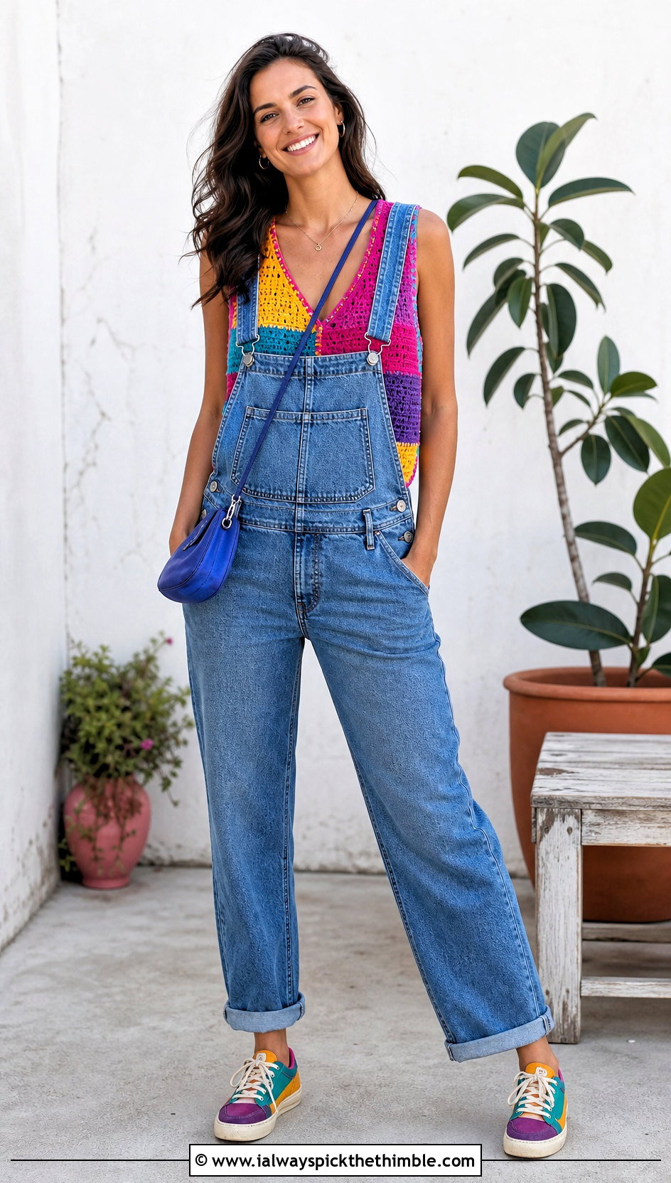 Patchwork Crochet V Neck Vest With Denim Overalls - 20 crochet v neck vest outfit ideas