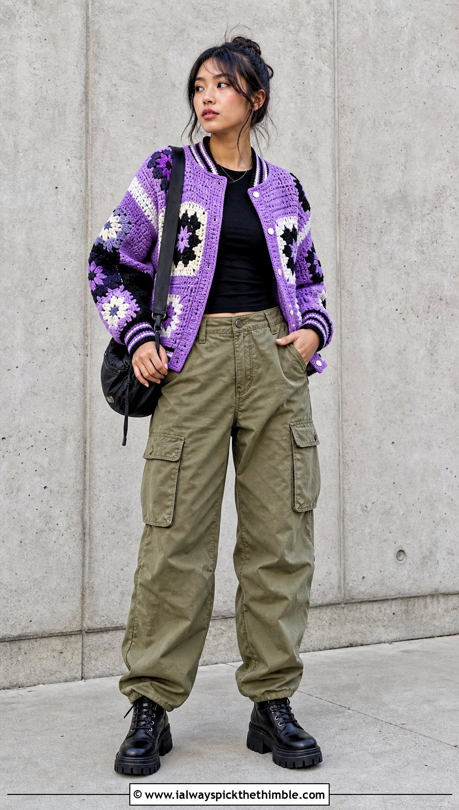 Patchwork Crochet Varsity Jacket With Cargo Pants - 25 crochet varsity jacket outfit ideas