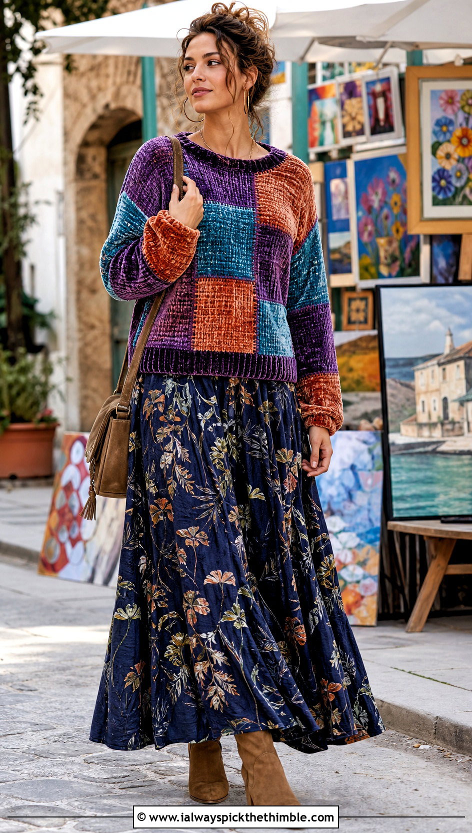 Patchwork Crochet Velvet Sweater With Printed Maxi Skirt - 20 Crochet Velvet Sweater outfit ideas