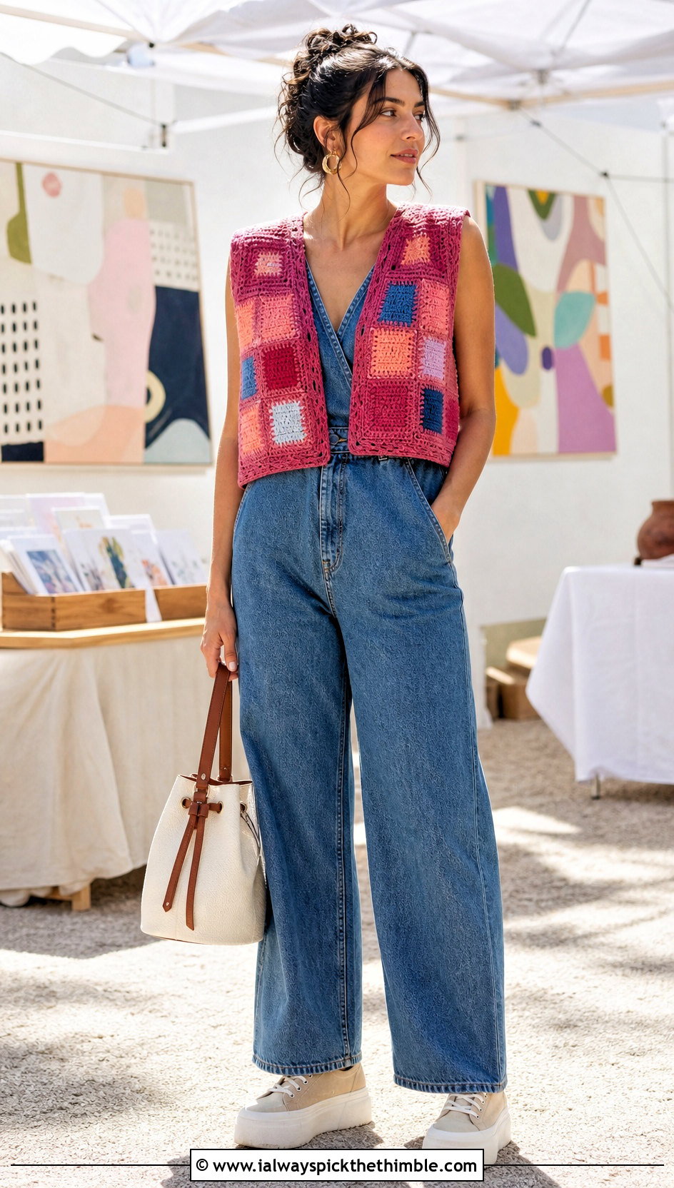Patchwork Crochet Vest Top With Denim Jumpsuit - 25 crochet layering top outfit ideas