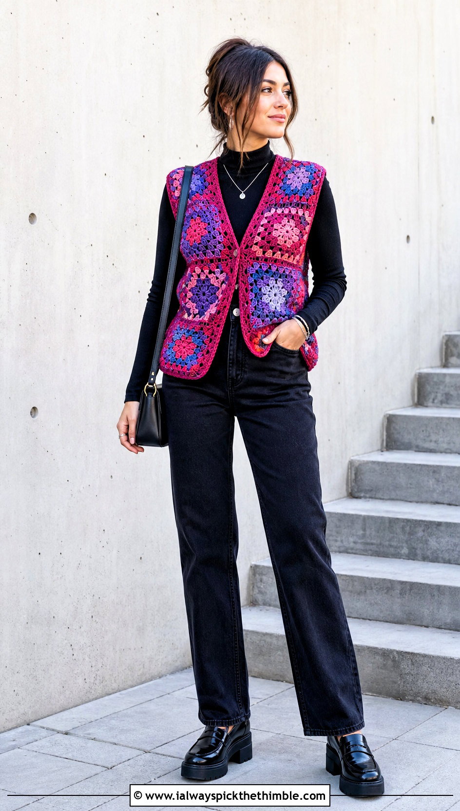 Patchwork Crochet Vest With Black Jeans - 20 Crocheted Vests For Women outfit ideas