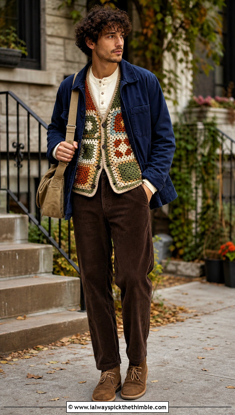 Patchwork Crochet Vest With Chore Jacket And Corduroy Pants - 20 mens crochet vest outfit ideas