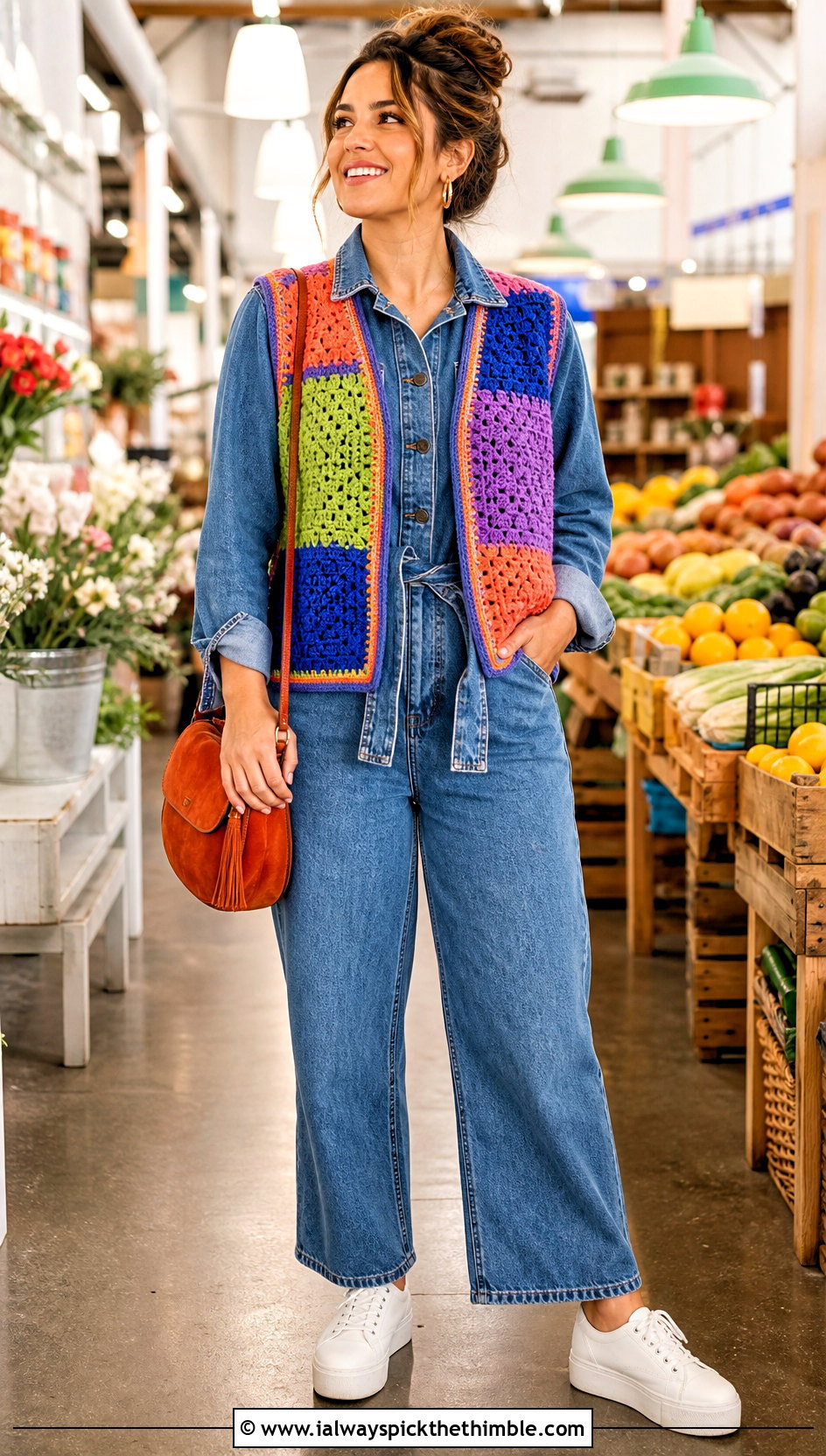 Patchwork Crochet Vest With Denim Jumpsuit - 25 crochet vest outfit ideas