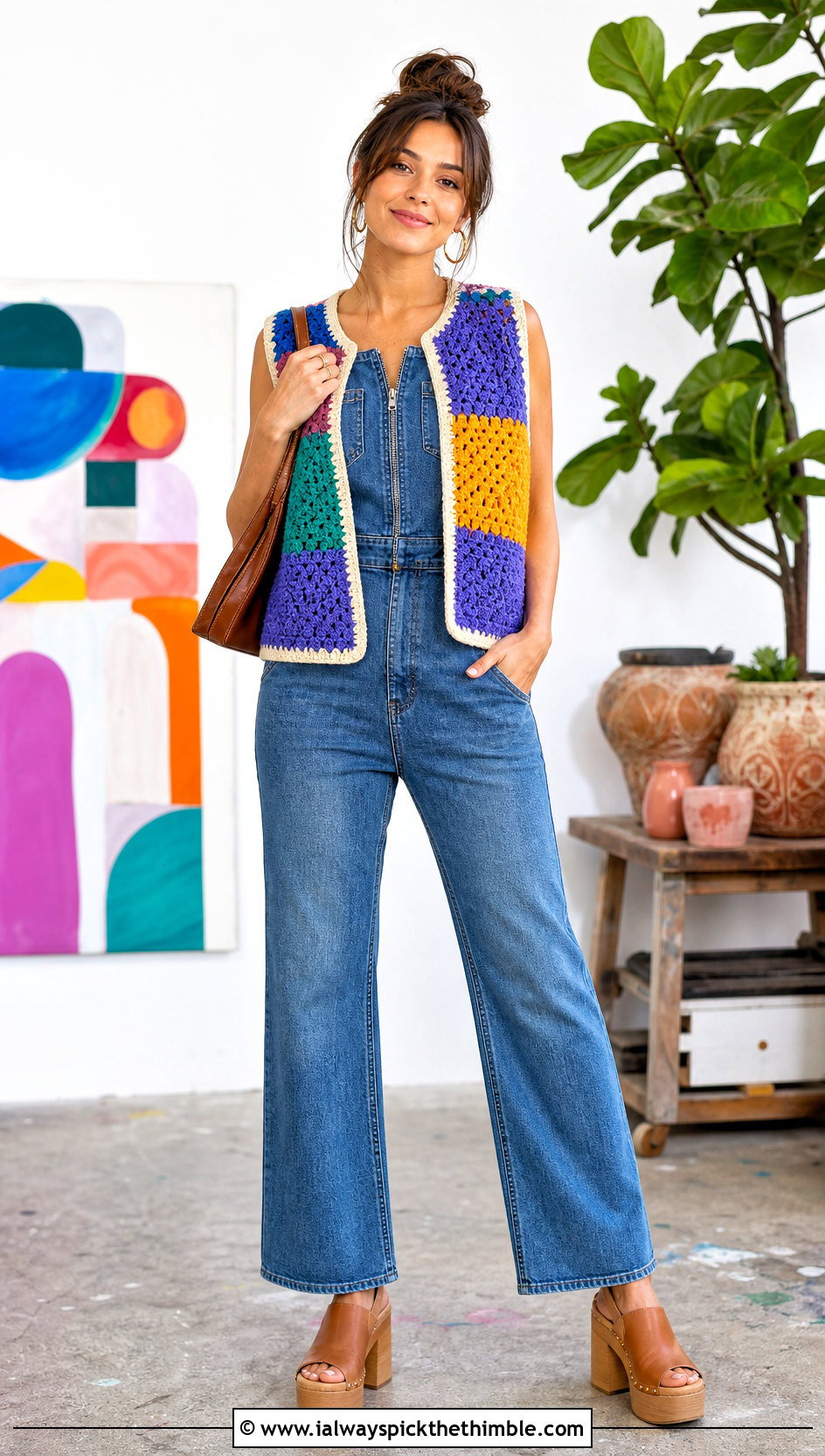 Patchwork Crochet Vest With Denim Jumpsuit - 25 diy crochet vest outfit ideas