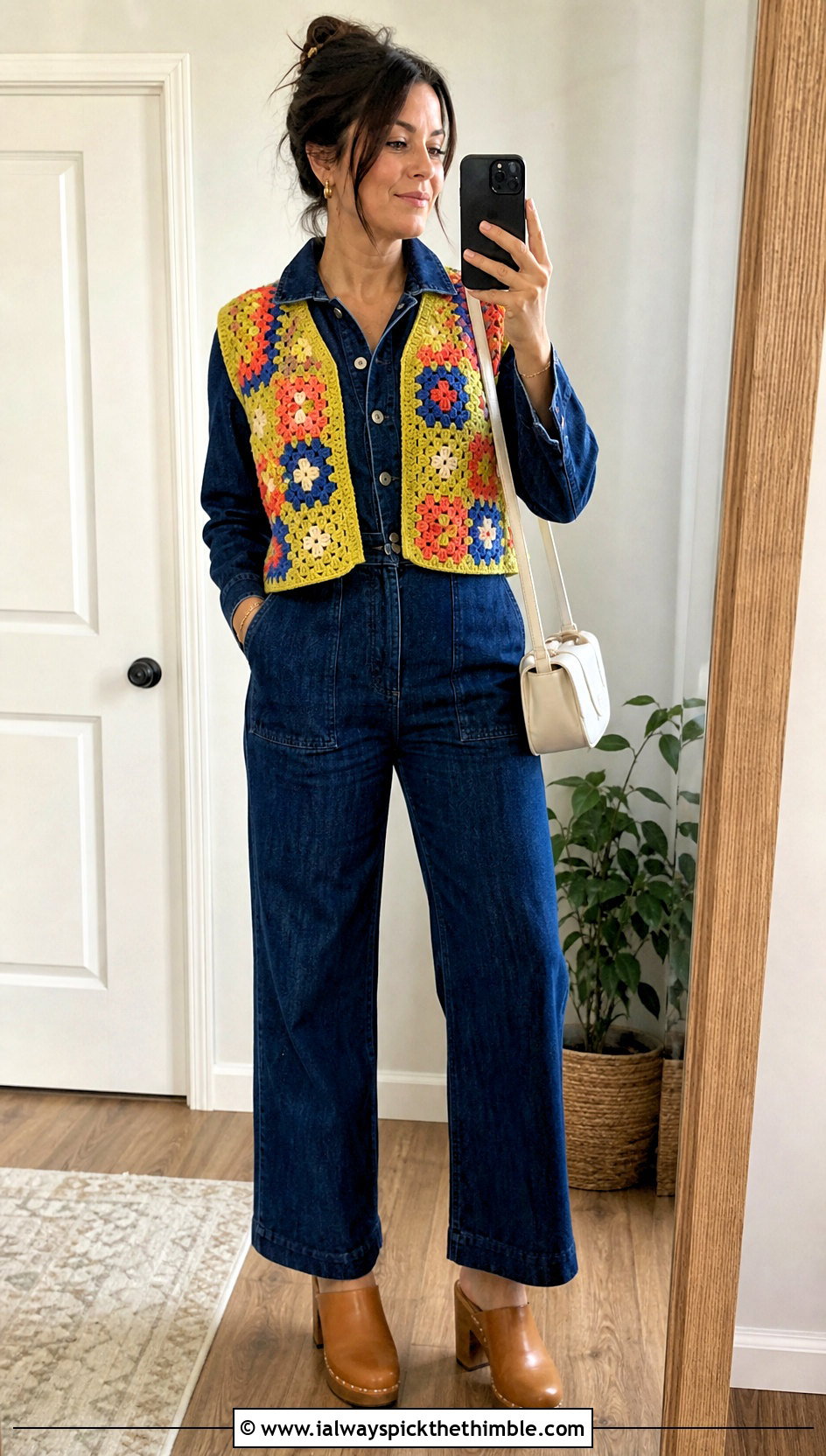 Patchwork Crochet Vest With Denim Jumpsuit - 15 Boho Style Crochet Vest outfit ideas