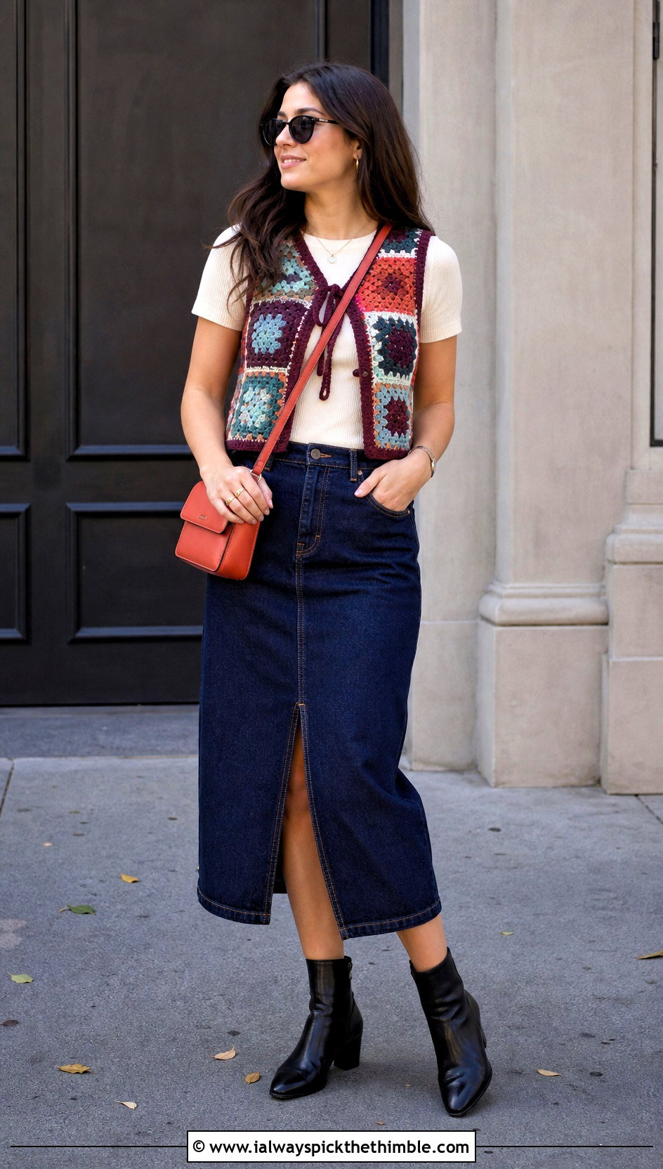 Patchwork Crochet Vest With Denim Midi Skirt - 25 easy crochet vest outfit ideas