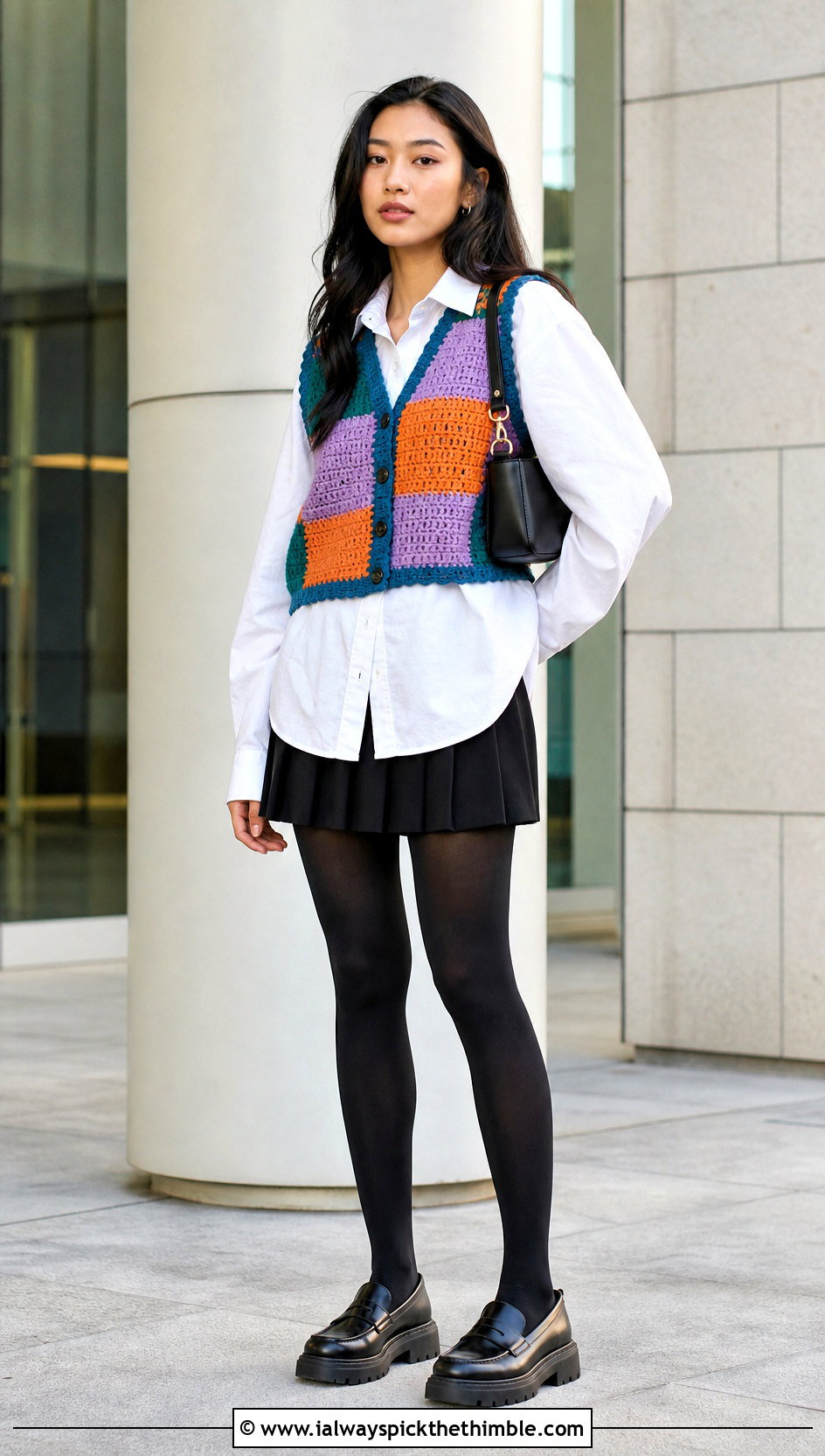 Patchwork Crochet Vest With Pleated Mini Skirt - 25 Crochet Grunge Clothes and outfit ideas