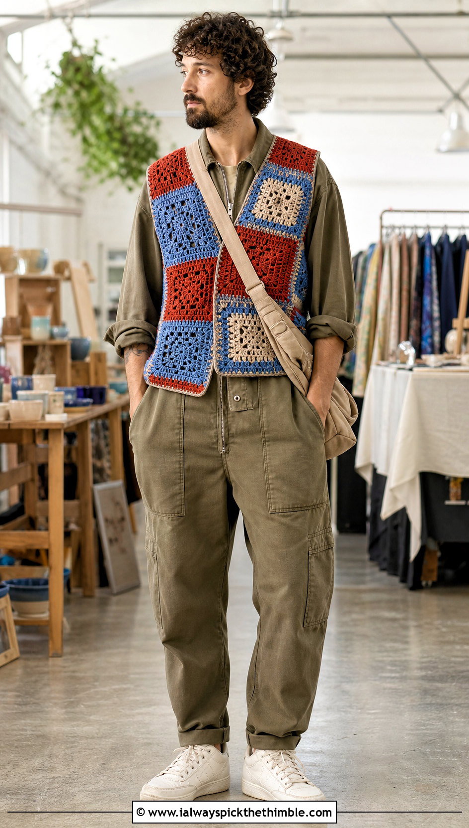 Patchwork Crochet Vest With Utility Jumpsuit - 25 crochet vest for men outfit ideas