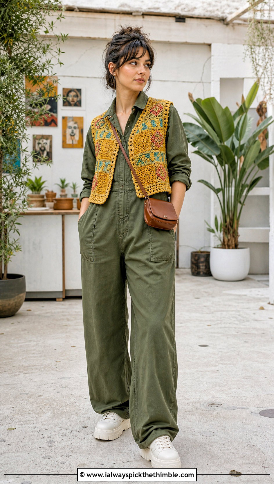Patchwork Crochet Vest With Utility Jumpsuit - 25 crochet vest for women outfit ideas