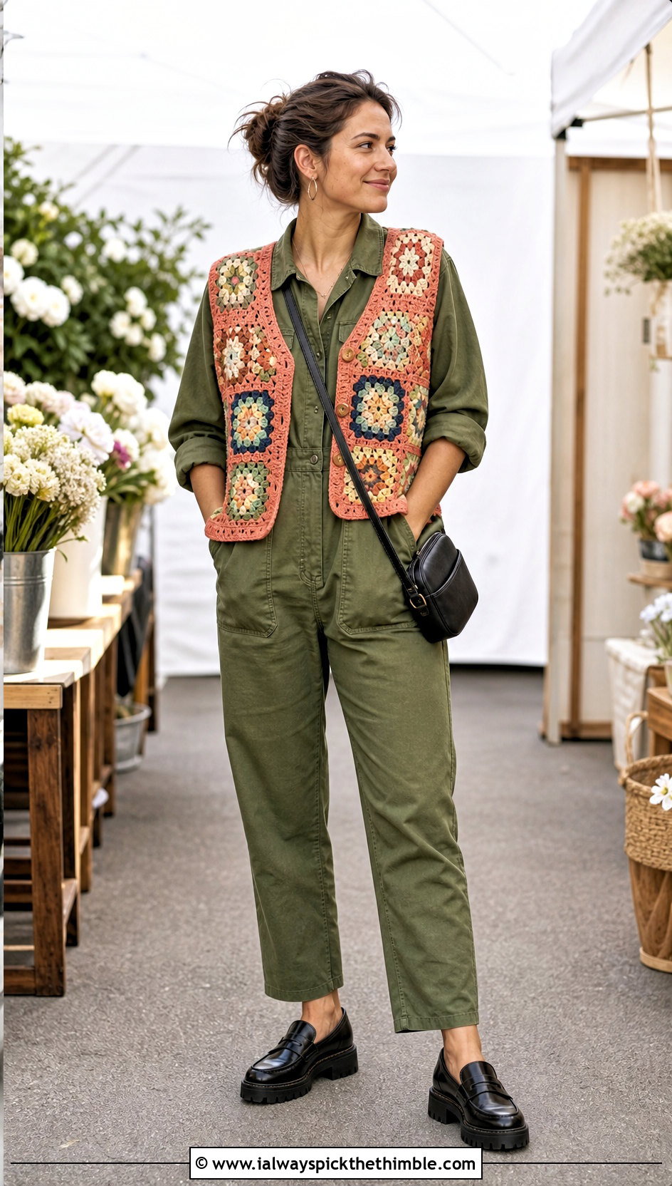 Patchwork Crochet Vest With Utility Jumpsuit - 20 crochet vest outfit aesthetic outfit ideas
