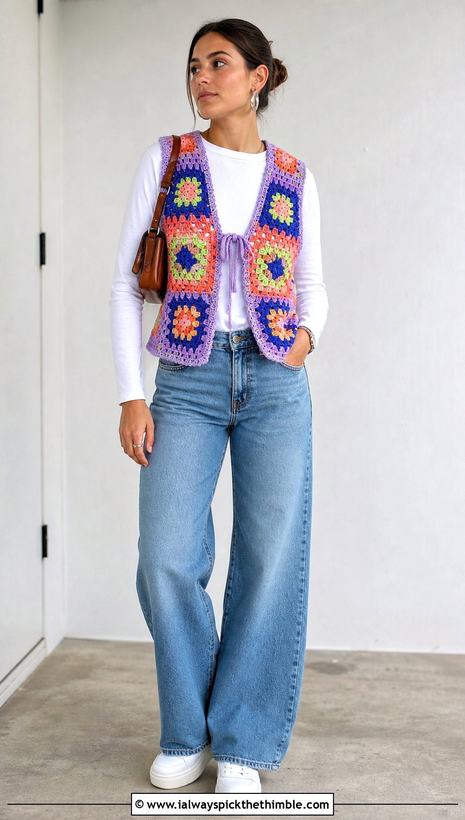 Patchwork Crochet Vest With Wide Leg Jeans - 15 Crochet Fall Vest outfit ideas
