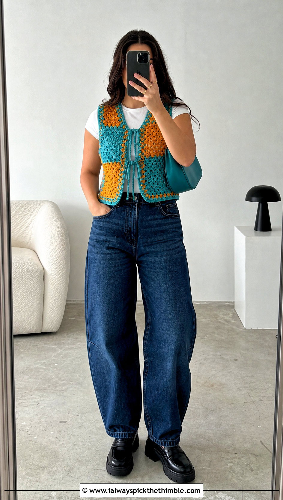 Patchwork Crochet Waistcoat With Barrel Leg Jeans - 15 easy crochet waistcoat outfit ideas