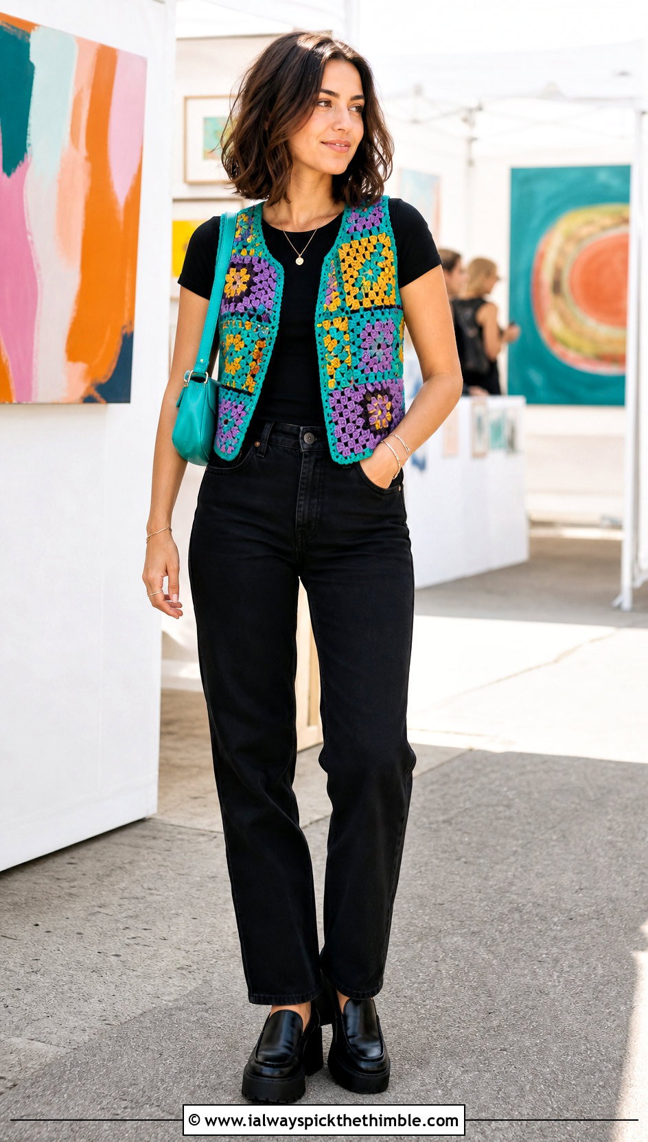 Patchwork Crochet Waistcoat With Black Jeans - 25 crochet waistcoat outfit ideas
