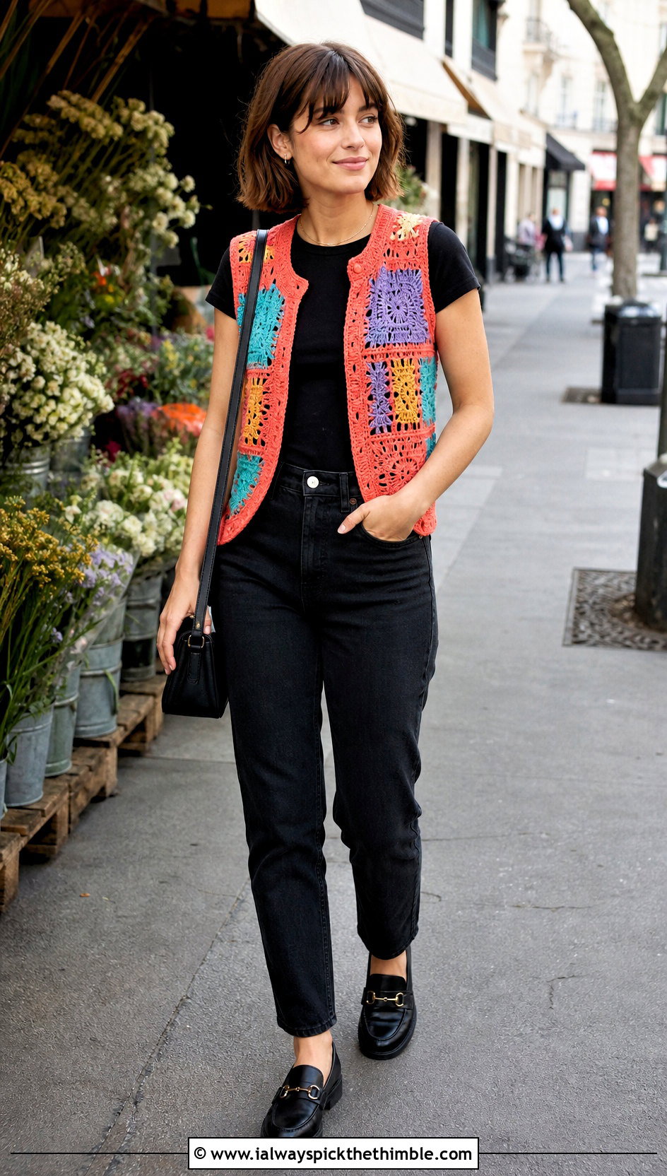 Patchwork Crochet Waistcoat With Black Jeans - 25 crochet waist coat outfit ideas