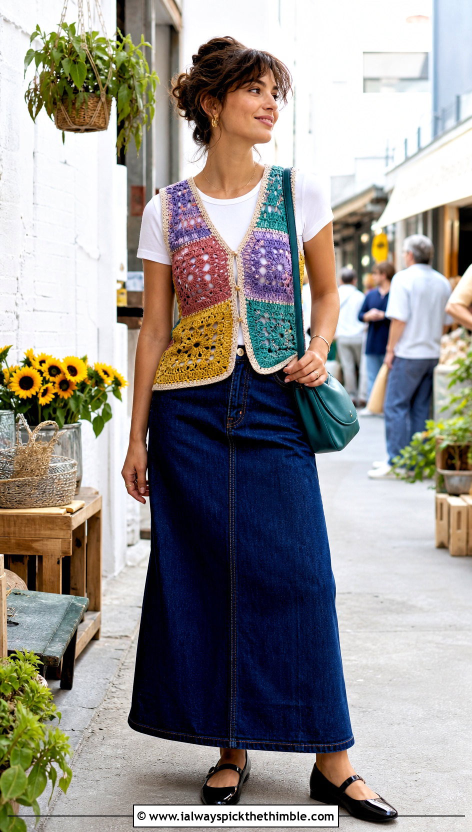Patchwork Crochet Waistcoat With Denim Maxi Skirt - 20 ladies crochet waistcoat outfit ideas