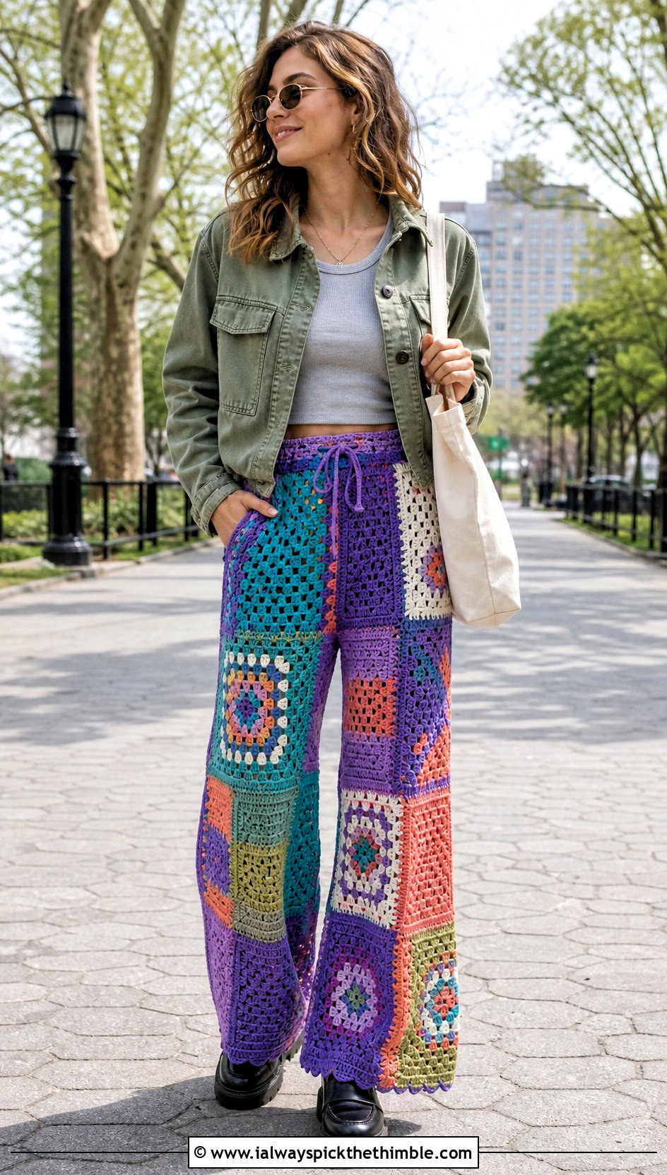 Patchwork Crochet Wide Leg Pants With Utility Jacket - 20 crochet wide leg pants outfit ideas