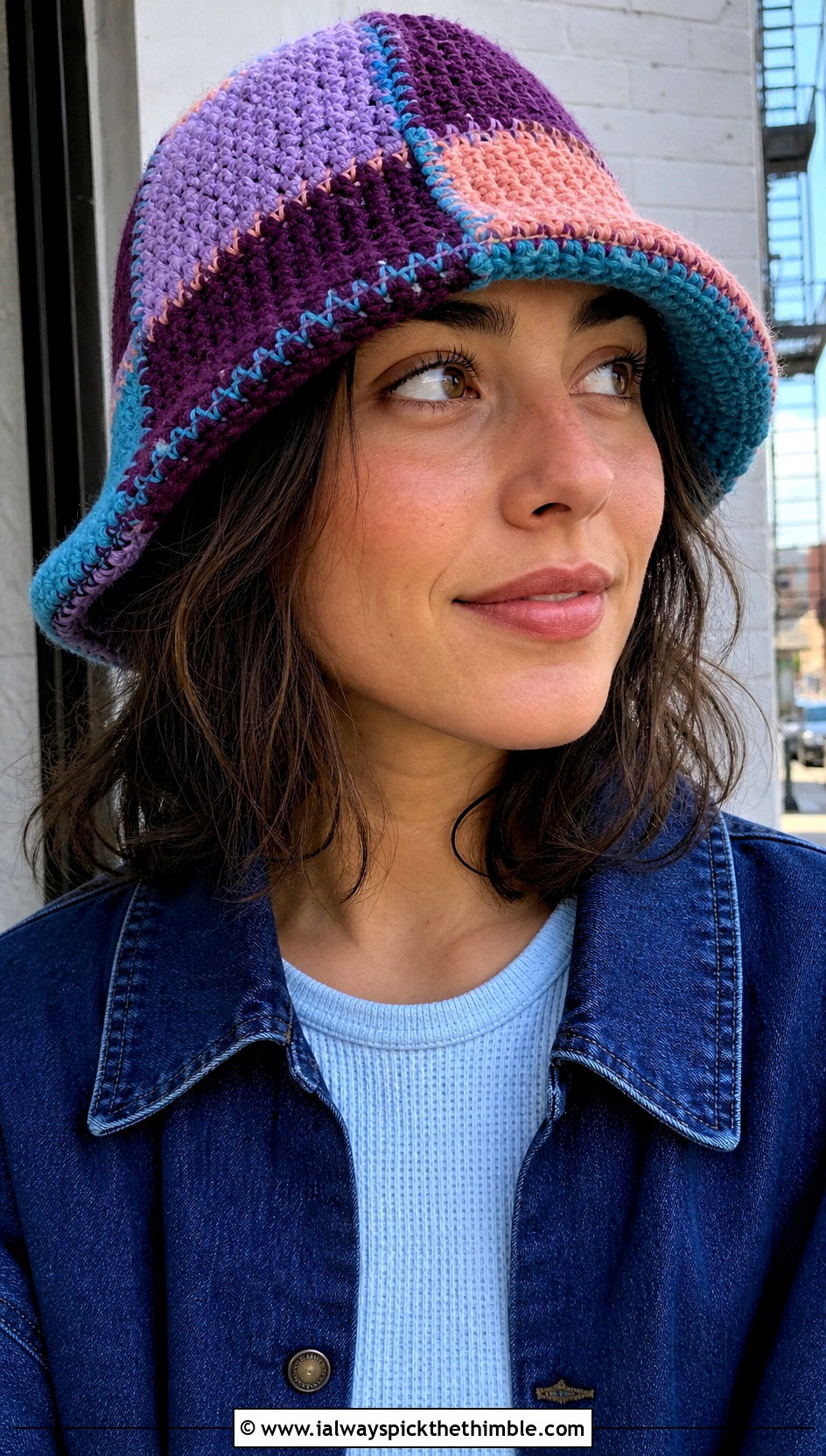 Patchwork Crochet Winter Bucket Hat With Double Denim - 25 crochet winter bucket hat outfit ideas