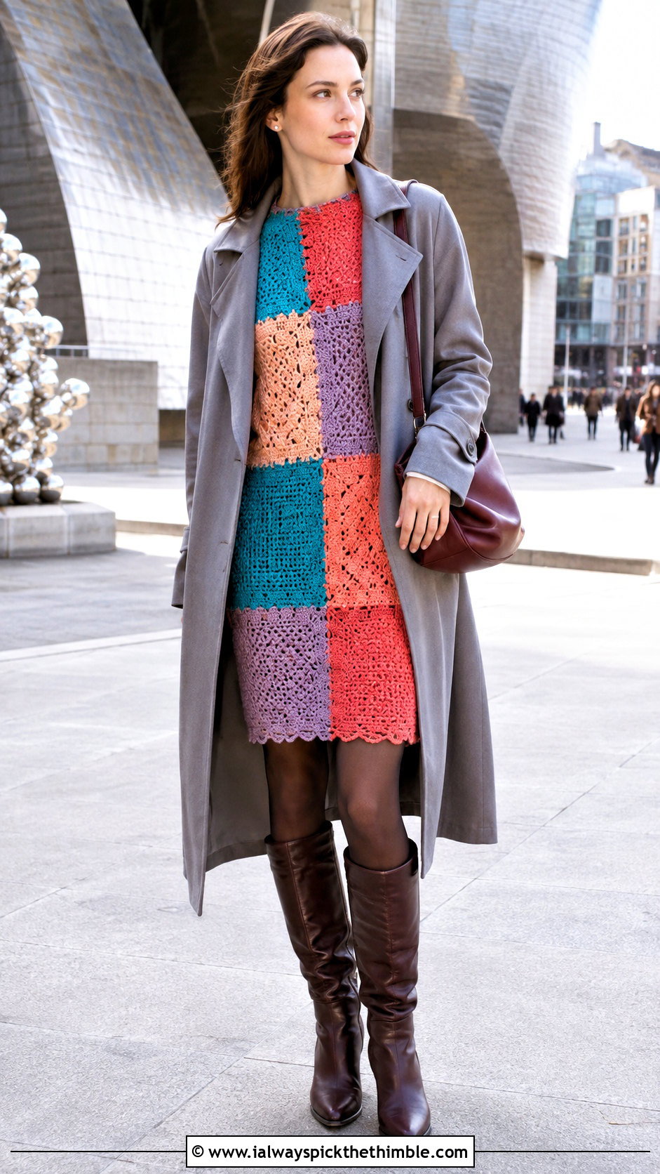 Patchwork Crochet Winter Dress With Minimalist Trench Coat - 25 crochet winter dress outfit ideas