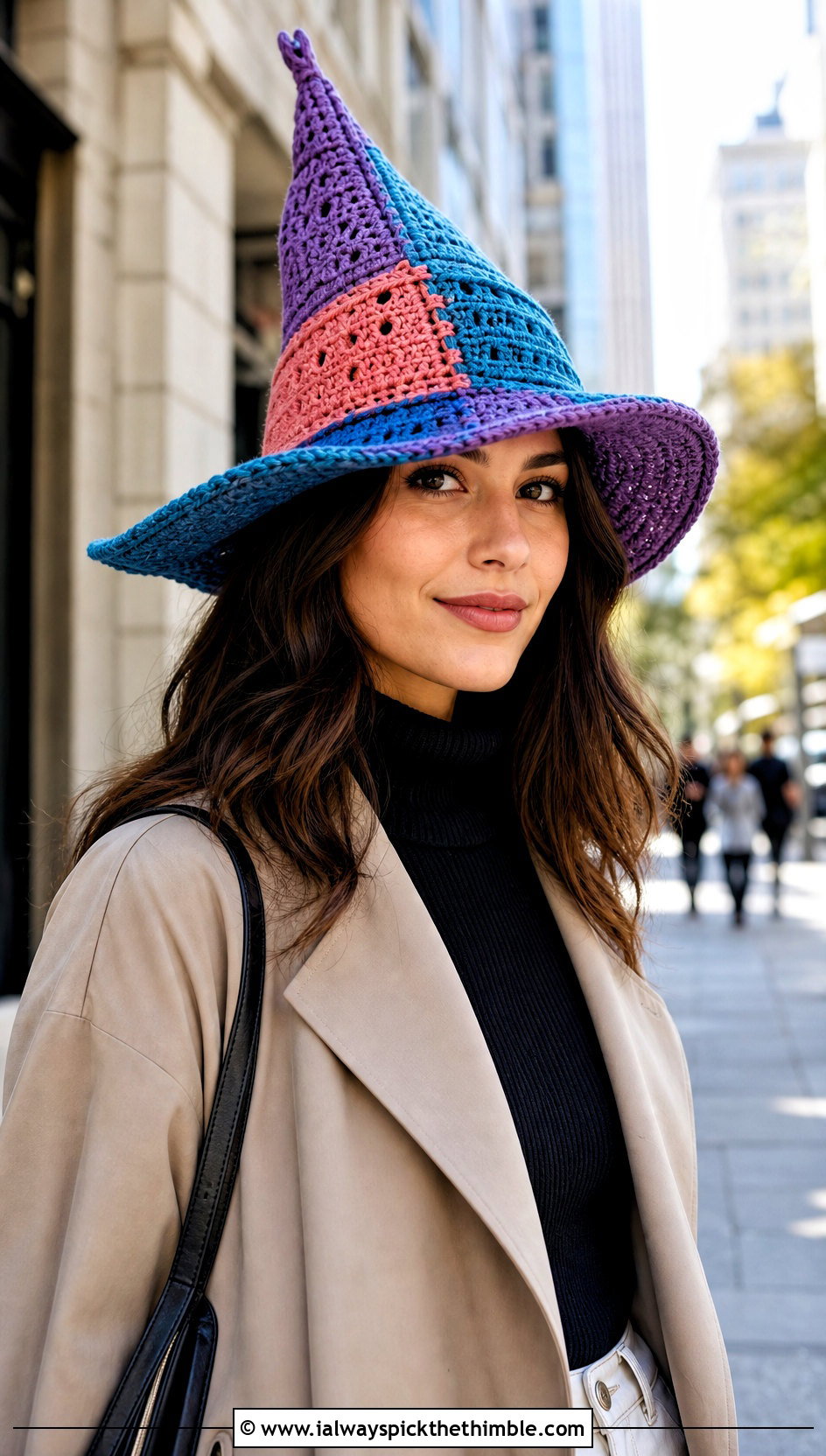 Patchwork Crochet Witch Hat With Trench Outfit - 25 crochet witches hat outfit ideas