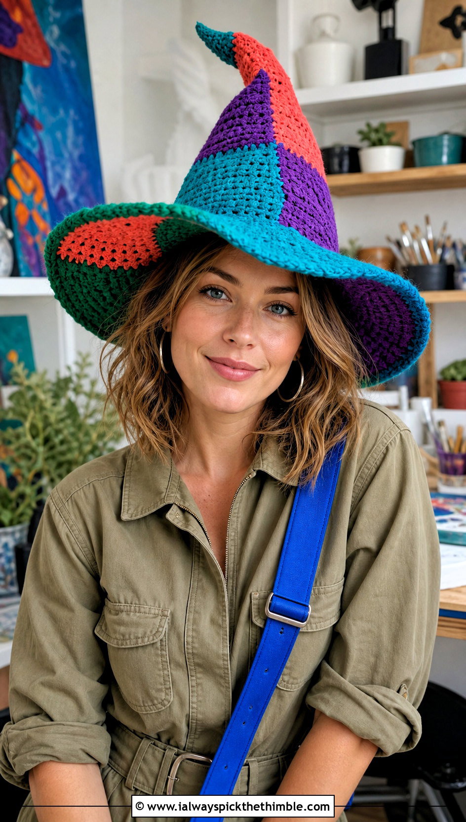 Patchwork Crochet Witch Hat With Utility Jumpsuit - 25 crochet witch hat outfit ideas