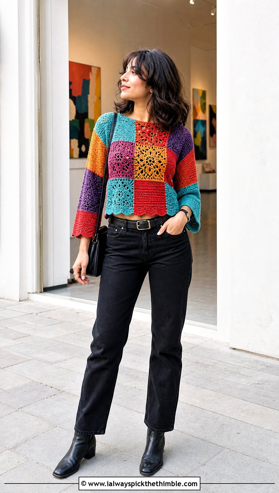 Patchwork Crochet Wool Top With Black Jeans - 25 crochet wool top outfit ideas