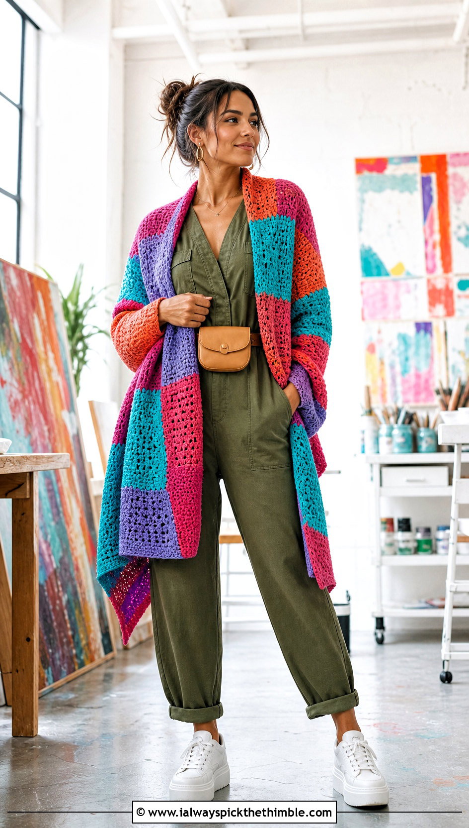 Patchwork Crochet Wrap Cardigan With Utility Jumpsuit - 20 wrap crochet cardigan outfit ideas