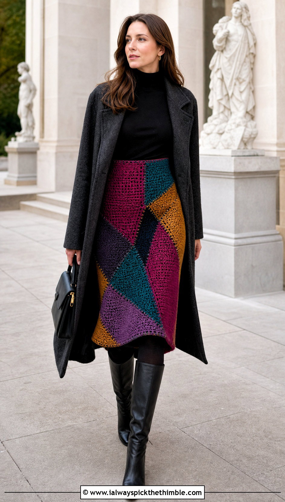 Patchwork Crochet Wrap Skirt With Black Turtleneck - 15 wrap crochet skirt outfit ideas