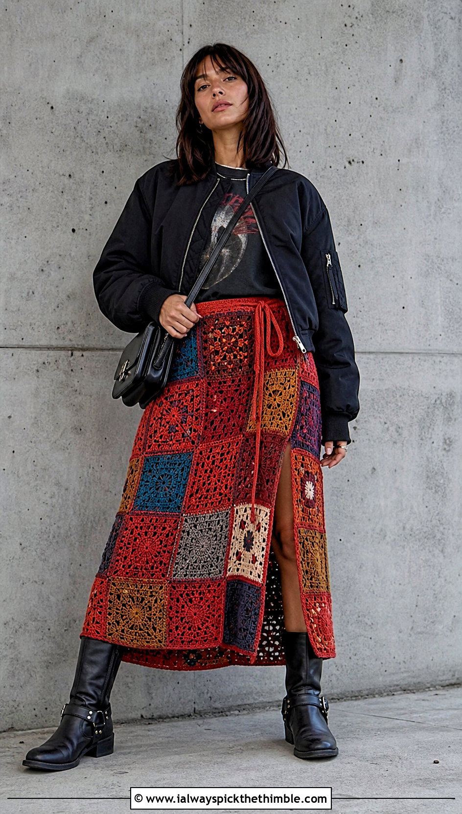 Patchwork Crochet Wrap Skirt With Graphic T Shirt - 25 crochet wrap skirt outfit ideas