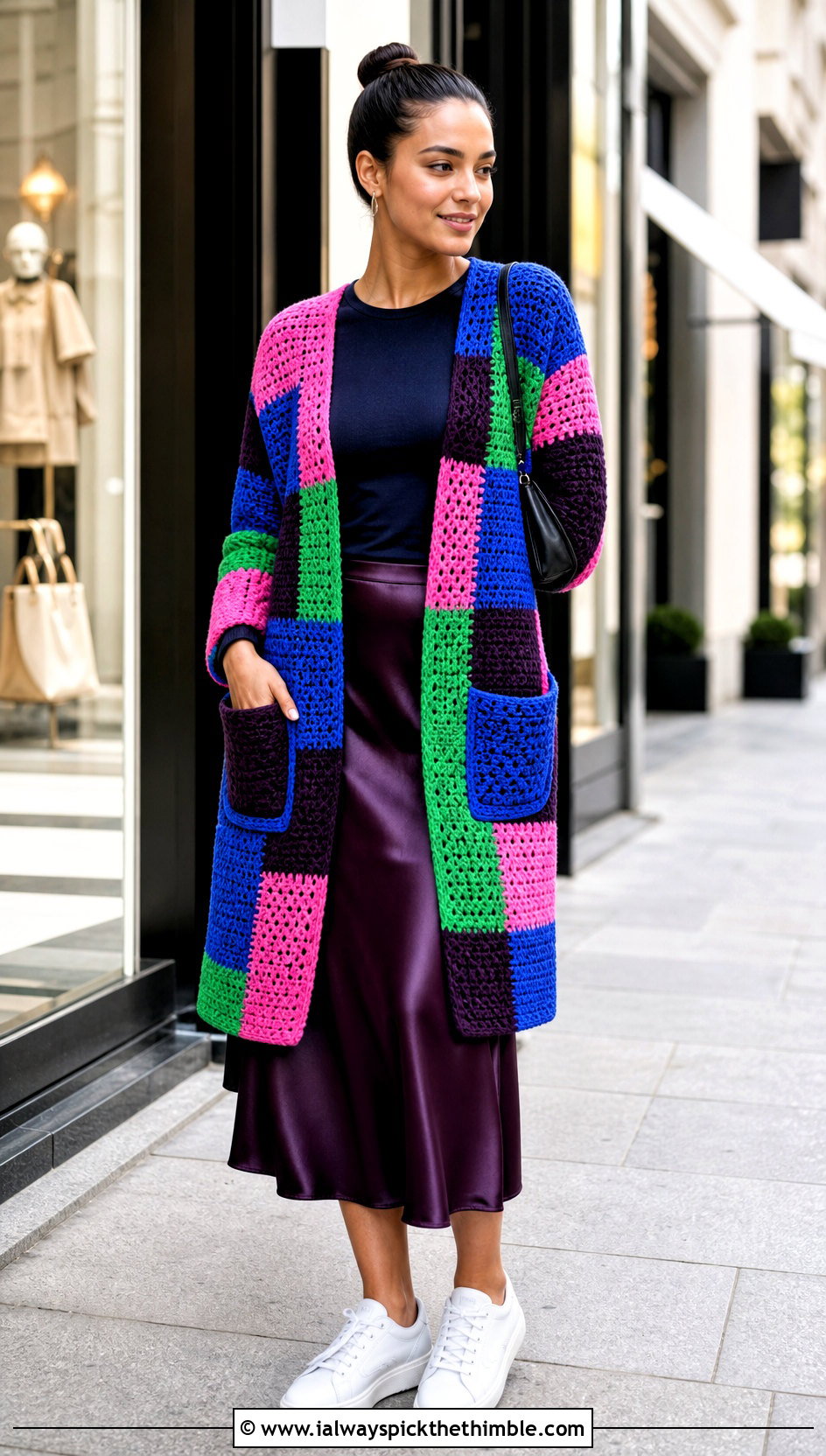 Patchwork Crochet Wrap With Slip Skirt And Sneakers - 25 crochet wrap with pockets outfit ideas