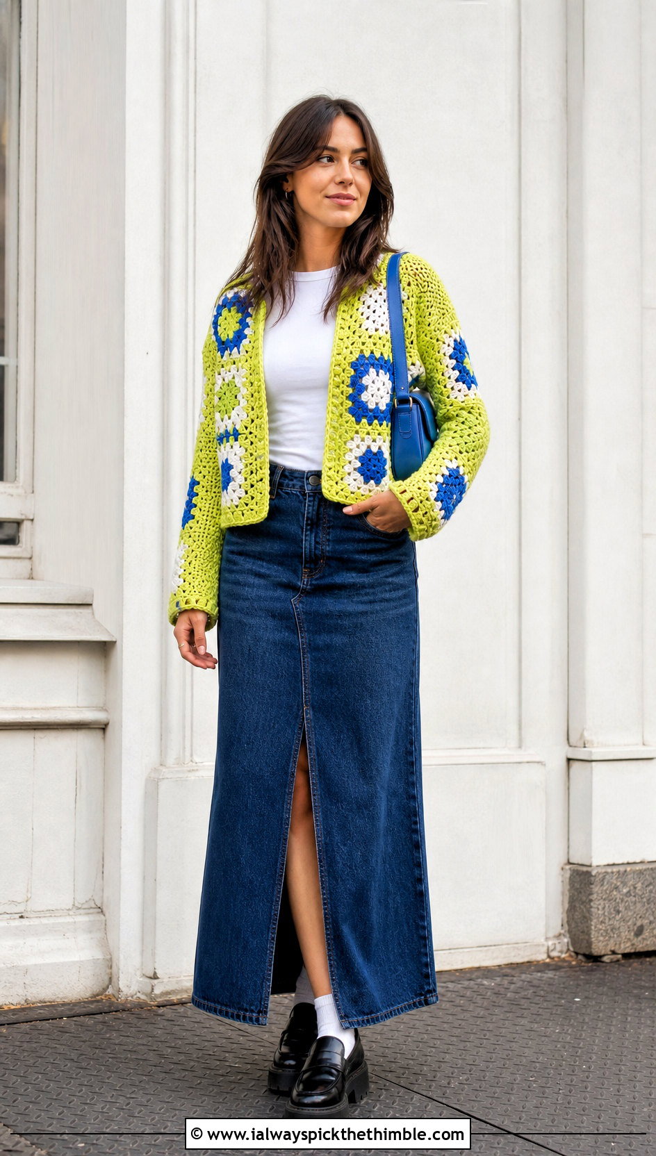 Patchwork Crochet Y2K Cardigan With Denim Maxi Skirt - 20 Crochet Y2K Cardigan outfit ideas