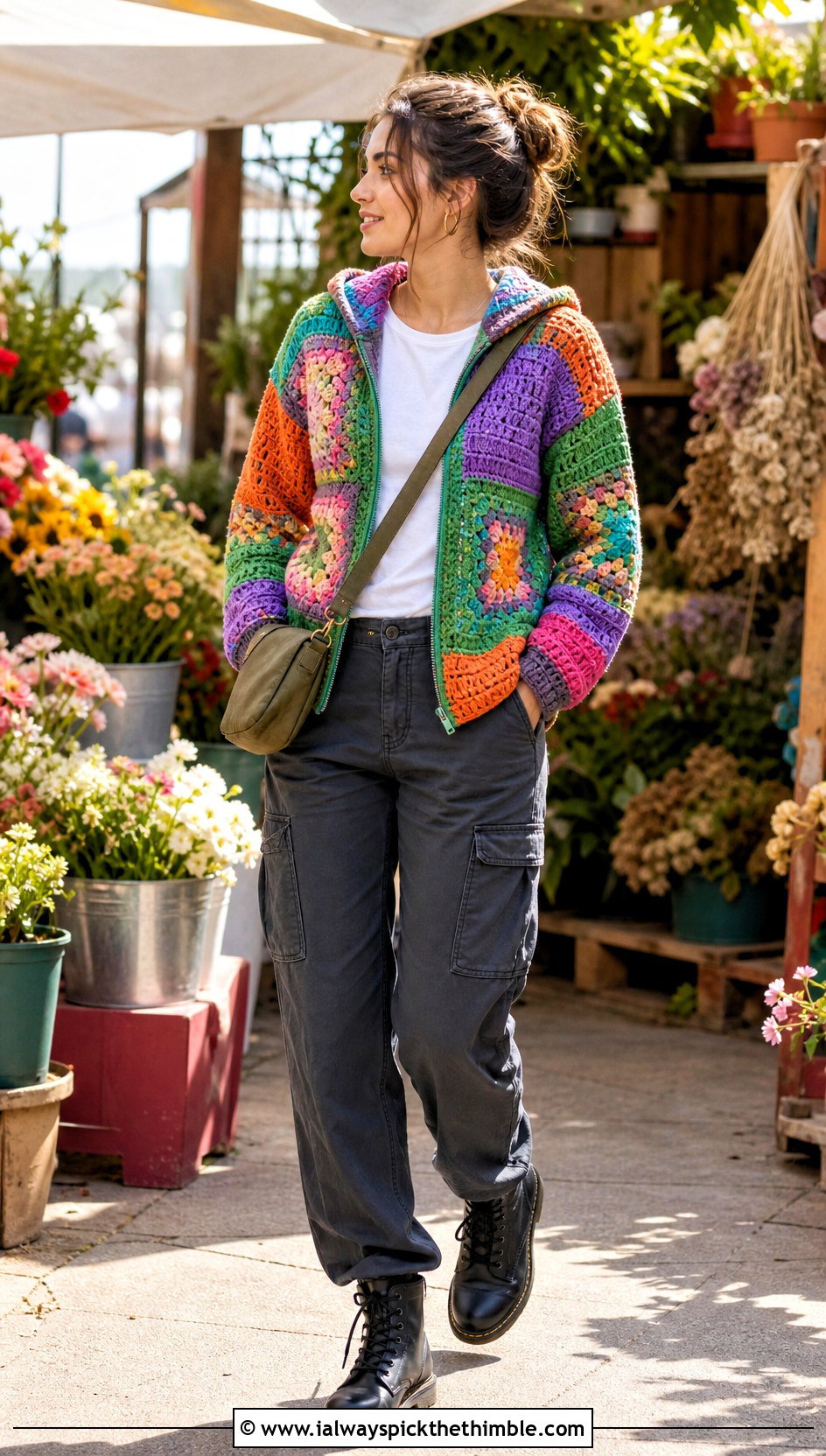 Patchwork Crochet Zip Up Hoodie With Utility Pants - 20 crochet zip up hoodie outfit ideas