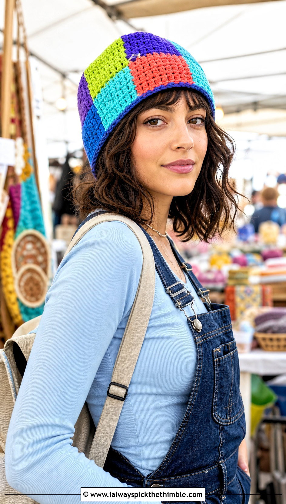 Patchwork Crocheted Beanie With Overalls And Platform Sneakers - 25 crocheted beanie outfit ideas