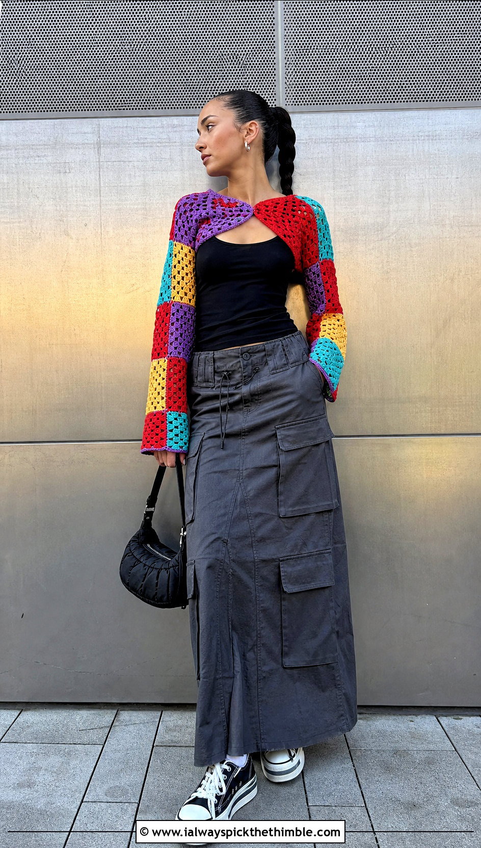 Patchwork Crocheted Bolero With Cargo Maxi Skirt - 25 crocheted bolero outfit ideas