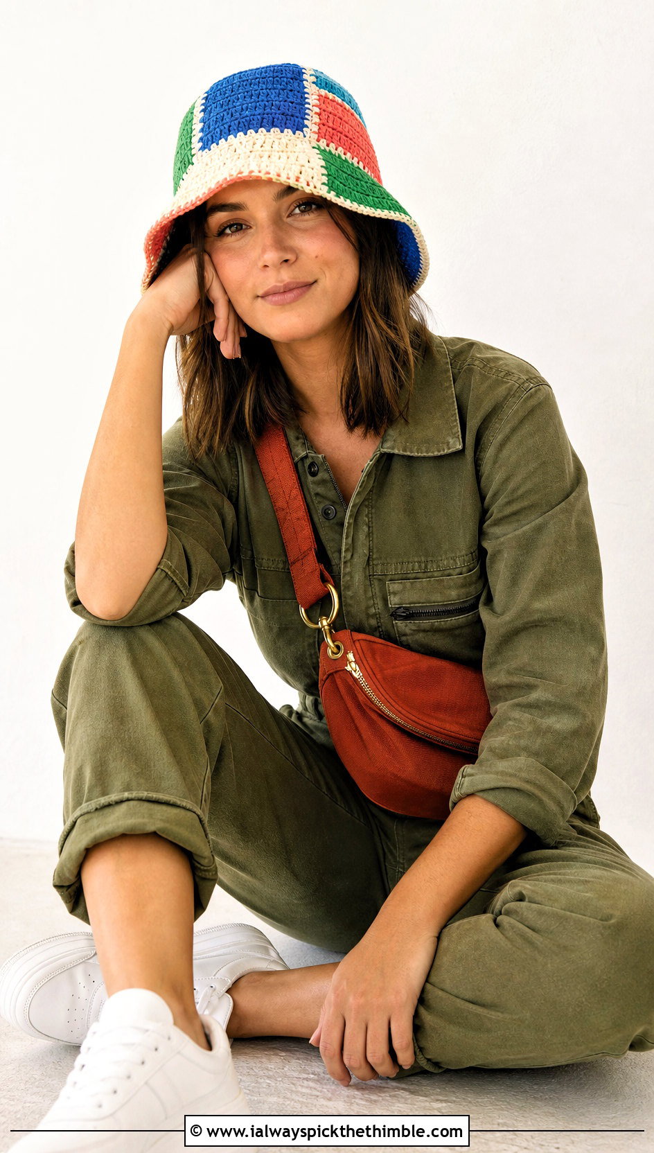 Patchwork Crocheted Bucket Hat With Utility Jumpsuit - 25 Crocheted Bucket Hat outfit ideas