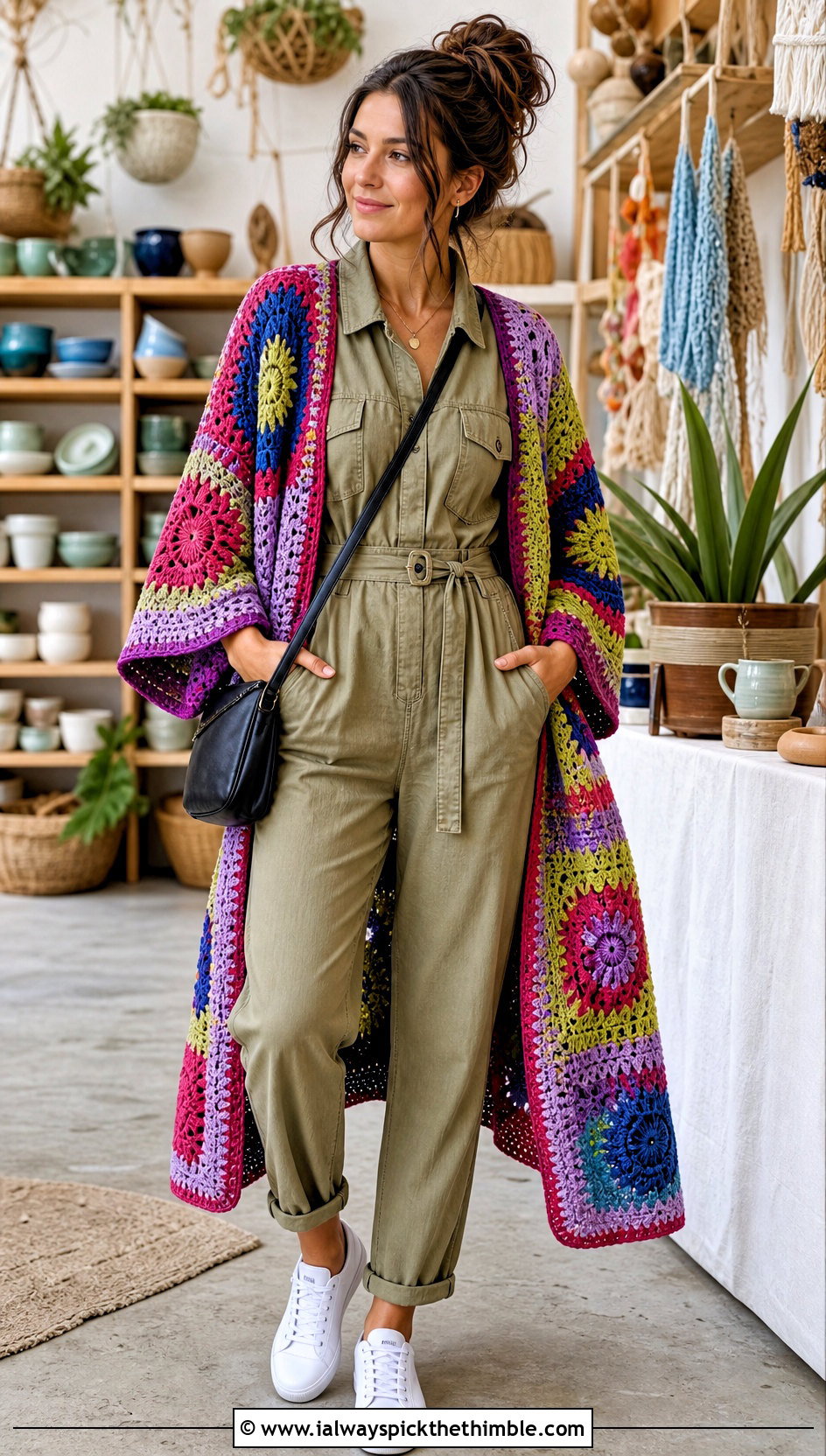 Patchwork Crocheted Kimono With Utility Jumpsuit - 20 Crocheted Kimono outfit ideas