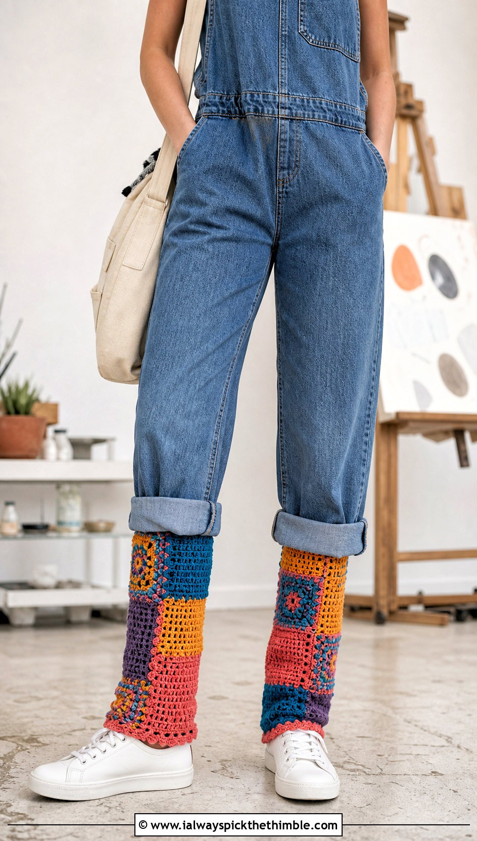 Patchwork Crocheted Leg Warmers With A Denim Jumpsuit - 25 Crocheted Leg Warmers outfit ideas