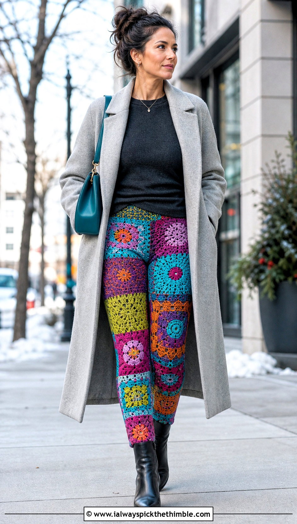 Patchwork Crocheted Leggings With Long Wool Coat - 20 Crocheted Leggings outfit ideas
