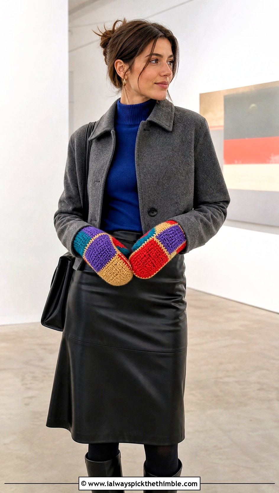 Patchwork Crocheted Mittens With Faux Leather Skirt - 20 Crocheted Mittens outfit ideas